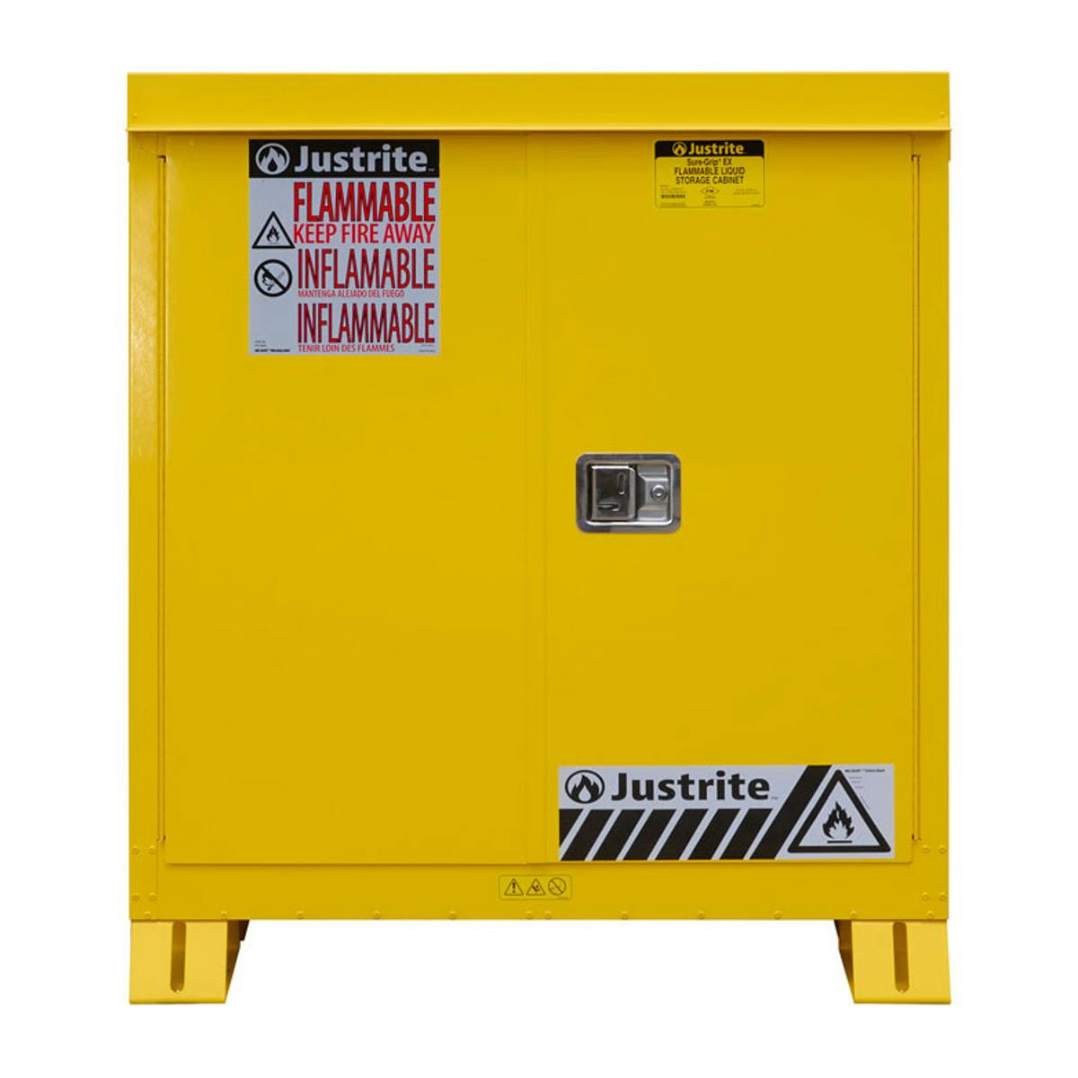 30 Gallon Yellow Justrite® Outdoor Flammable Safety Cabinets with 2 Self=Closing Doors