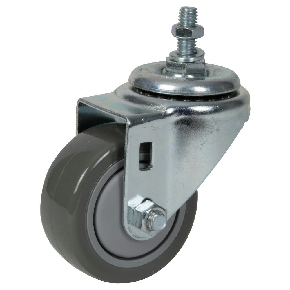 Gray Polyurethane Swivel Caster with 3" OD x 1-1/4" W Wheel & 1" Long 3/8"-16 Threaded Stem