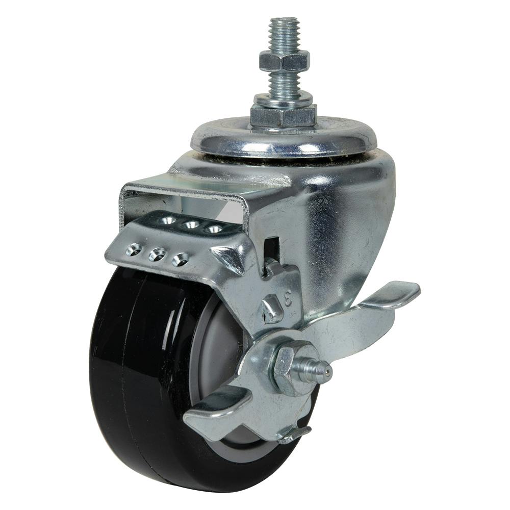 Black Polyurethane Swivel Caster with 3" OD x 1-1/4" W Wheel w/Brake & 1" Long 3/8"-16 Threaded Stem