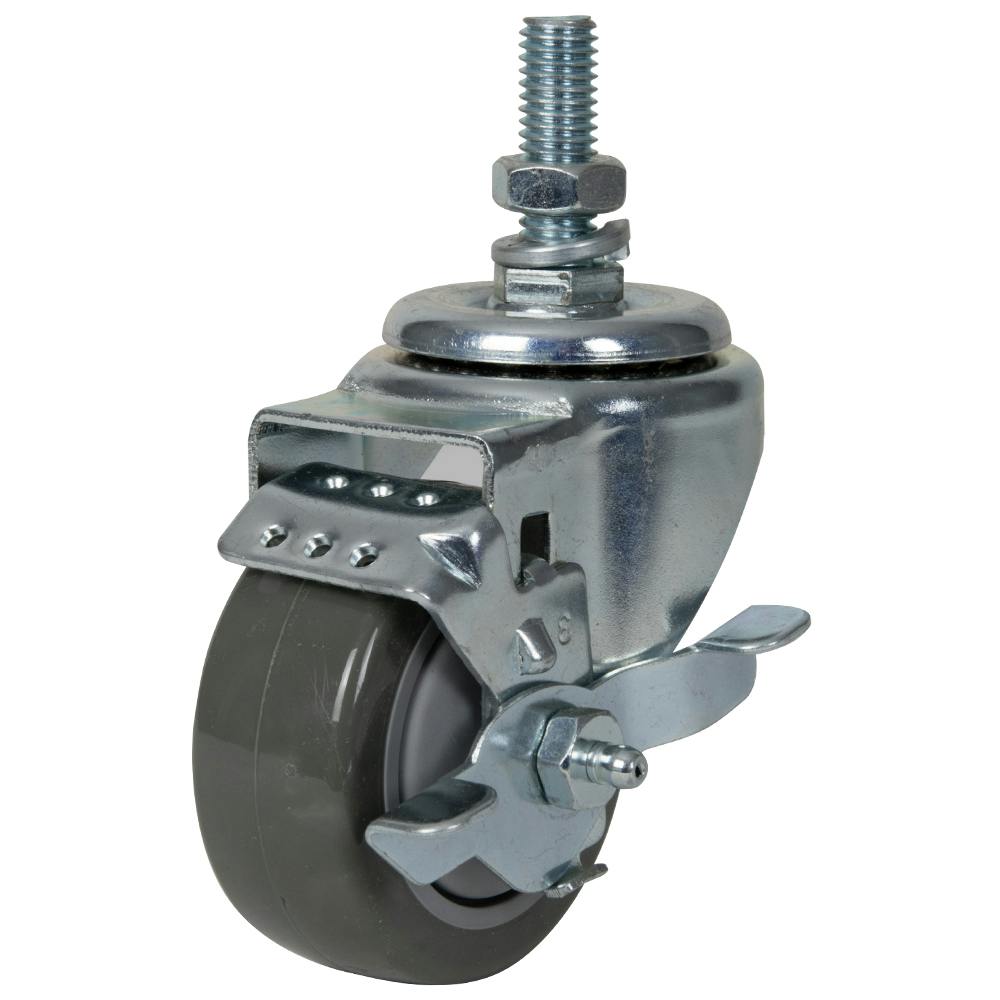 Gray Polyurethane Swivel Caster with 3" OD x 1-1/4" W Wheel w/Brake & 1-1/2" Long 1/2"-13 Threaded Stem