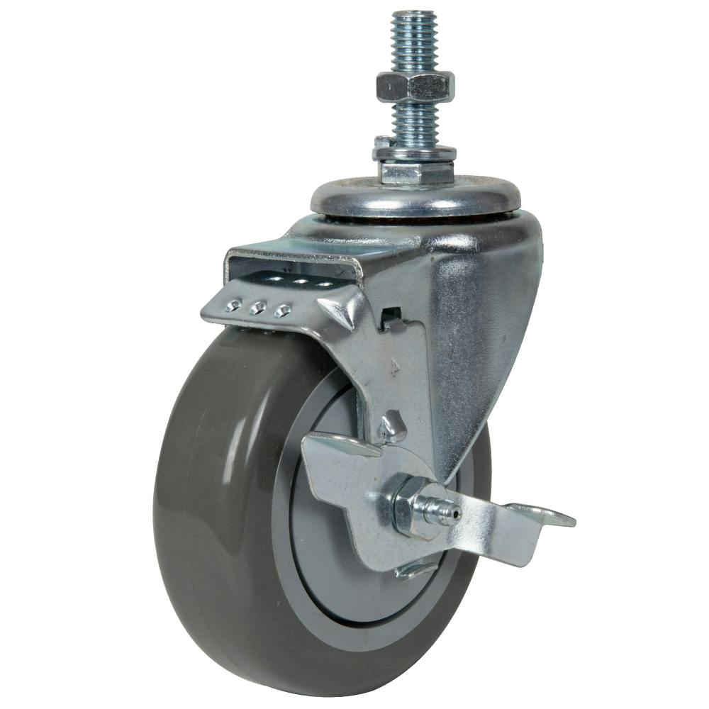 Gray Polyurethane Swivel Caster with 4" OD x 1-1/4" W Wheel w/Brake & 1-1/2" Long 1/2"-13 Threaded Stem