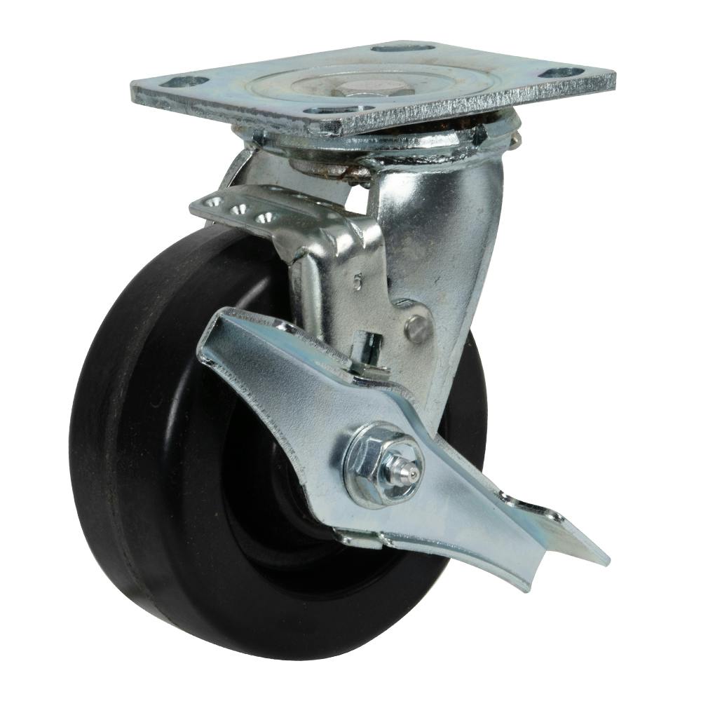 Black Phenolic Swivel Caster with 5" OD x 2" W Wheel w/Brake & Top-Plate Mount