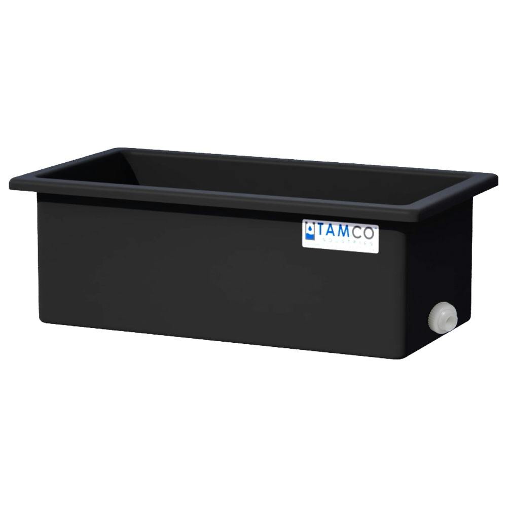 75 Gallon Black LLDPE Rectangular Tamco® Heavy-Duty Tank with External Flange & 2" Polypropylene Bulkhead Fitting - 48" L x 24" W x 18" Hgt. (Cover Sold Separately)