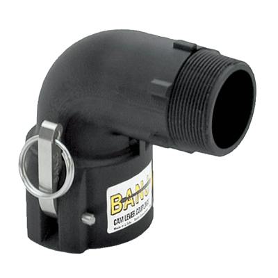2" Female Coupler x 2" MNPT Banjo® Black Fiberglass-Reinforced Polypropylene Cam Lever 90° Elbow