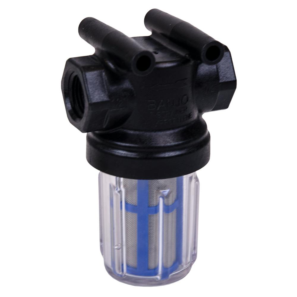 1/2" FNPT x 1/2" FNPT Banjo® Black Fiberglass-Reinforced Polypropylene & Clear Bowl Strainer with Blue 50 Mesh Screen