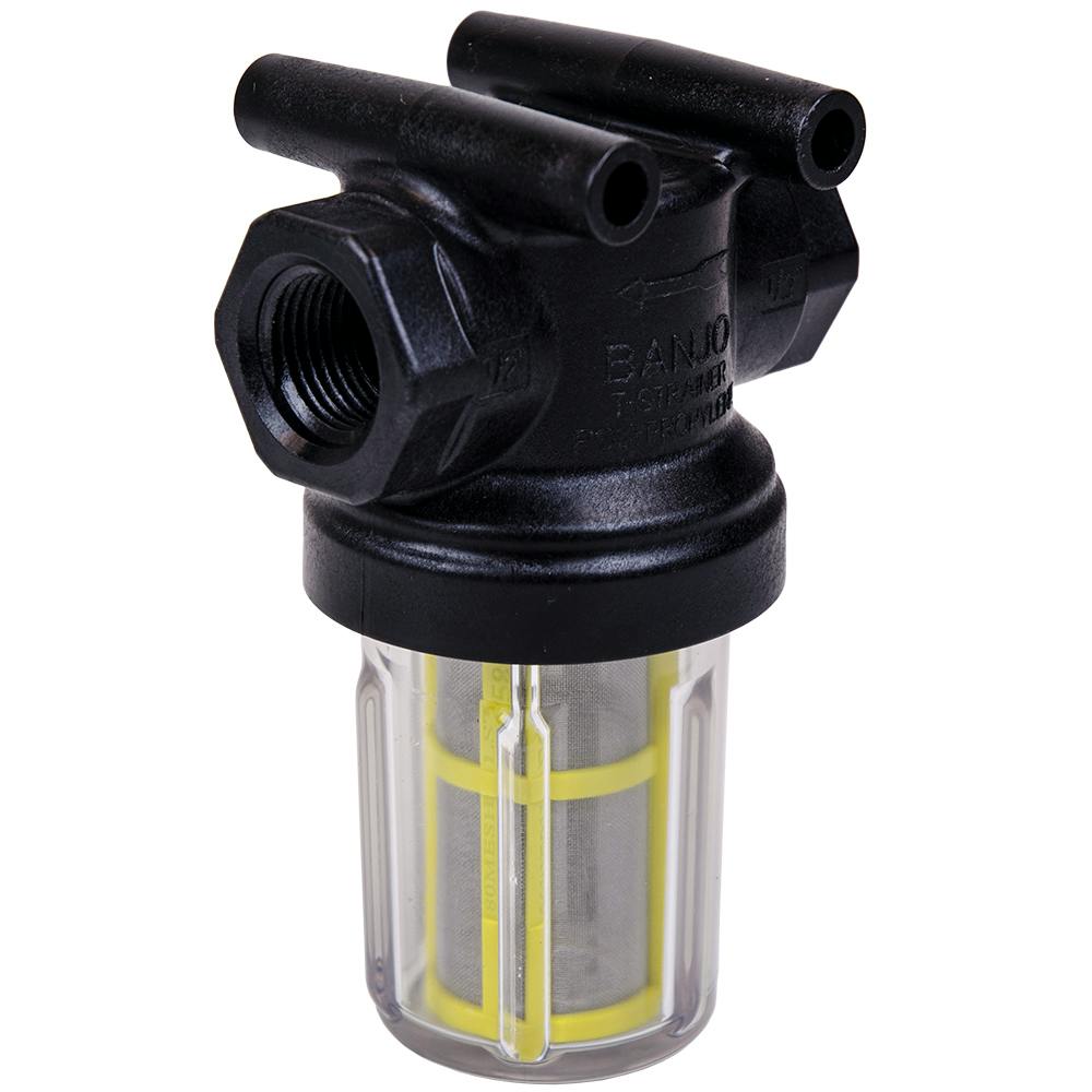 1/2" FNPT x 1/2" FNPT Banjo® Black Fiberglass-Reinforced Polypropylene & Clear Bowl Strainer with Yellow 80 Mesh Screen