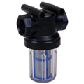 3/4" FNPT x 3/4" FNPT Banjo® Black Fiberglass-Reinforced Polypropylene & Clear Bowl Strainer with Blue 50 Mesh Screen