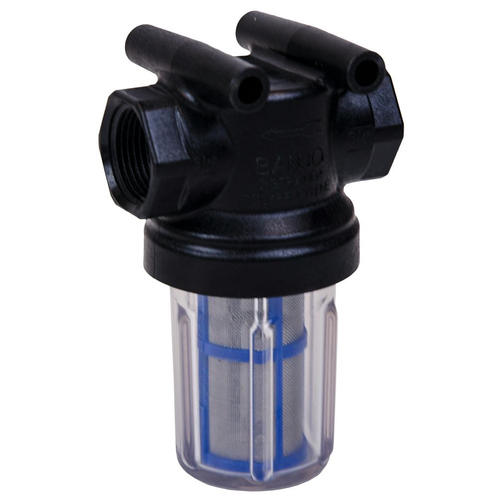 3/4" FNPT x 3/4" FNPT Banjo® Black Fiberglass-Reinforced Polypropylene & Clear Bowl Strainer with Blue 50 Mesh Screen