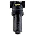 1-1/2" FNPT x 1-1/2" FNPT Banjo® Black Fiberglass-Reinforced Polypropylene T-Strainer with Yellow 80 Mesh 316 Stainless Steel Screen - 1" drain