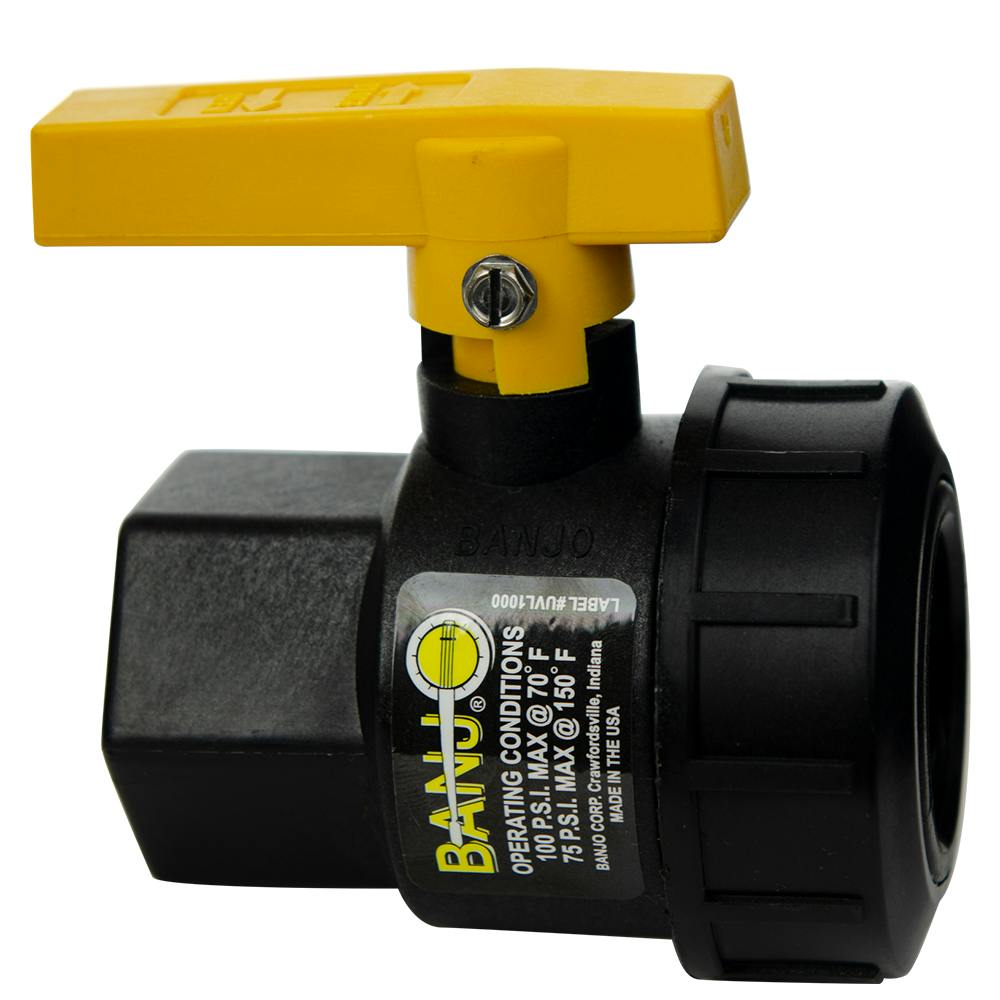 1" FNPT Banjo® Black Fiberglass-Reinforced Polypropylene Full Port Single Union Valve with 1" Flow Size & EPDM Seals