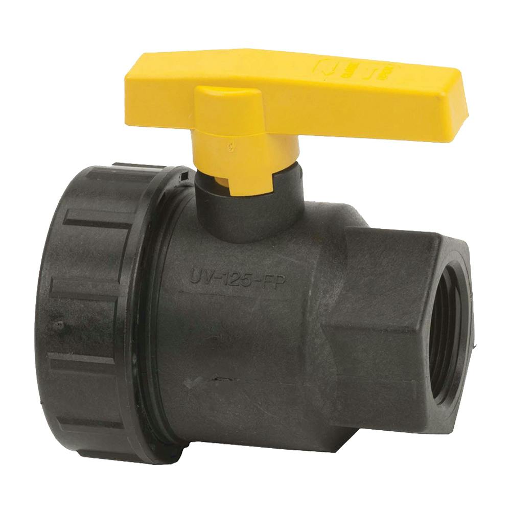 1-1/4" FNPT Banjo® Black Fiberglass-Reinforced Polypropylene Full Port Single Union Valve with 1-1/4" Flow Size & EPDM Seals