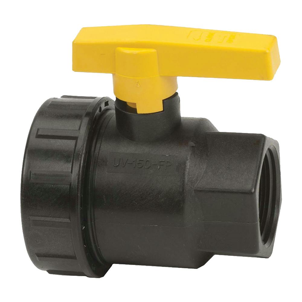 1-1/2" FNPT Banjo® Black Fiberglass-Reinforced Polypropylene Full Port Single Union Valve with 1-1/2" Flow Size & EPDM Seals