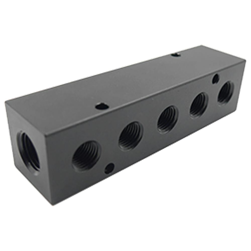 3/8" FNPT Inlet x (5) 1/4" FNPT Outlets Black Aluminum Manifold