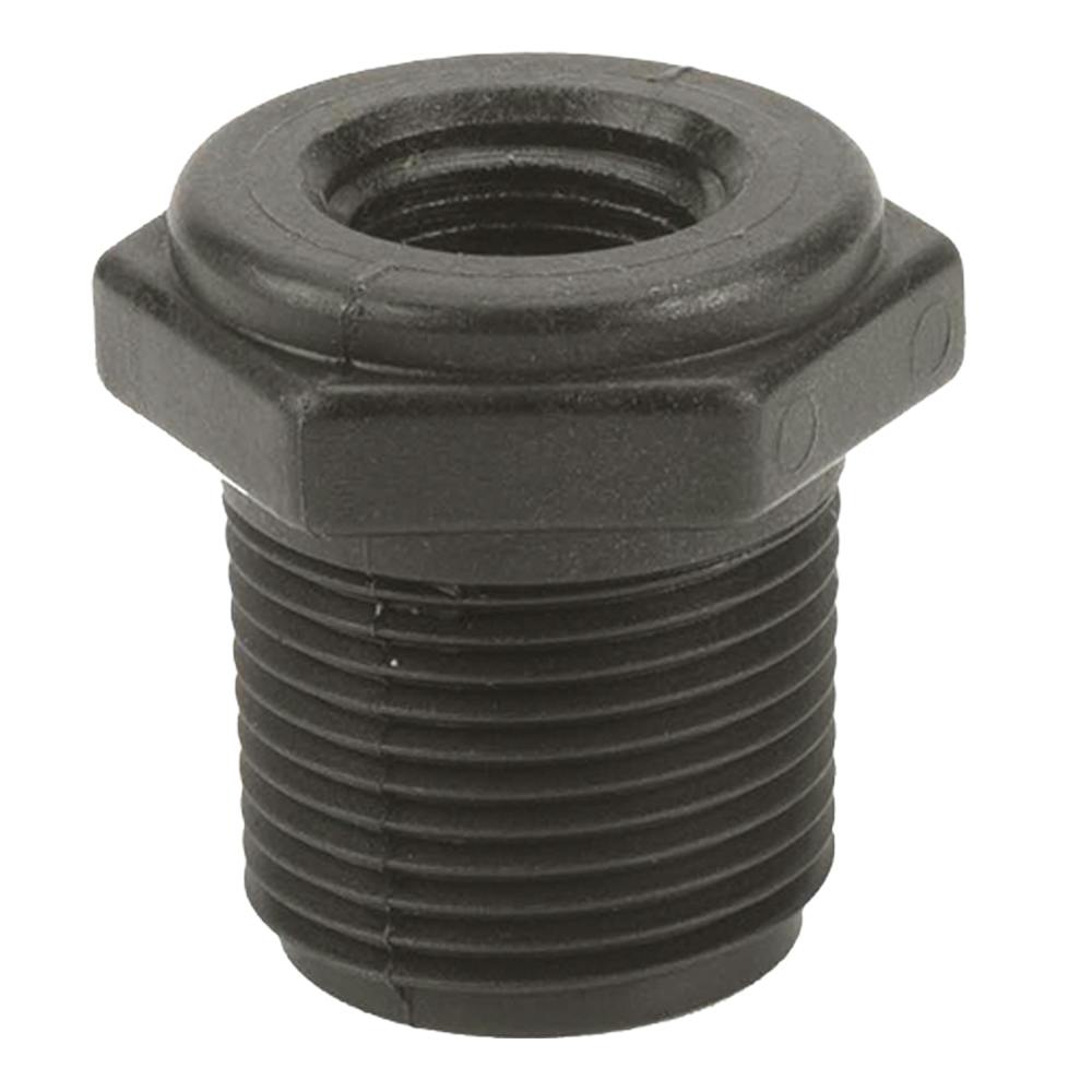 3/4" MNPT x 3/8" FNPT Banjo® Black Fiberglass-Reinforced Polypropylene Reducer Bushing