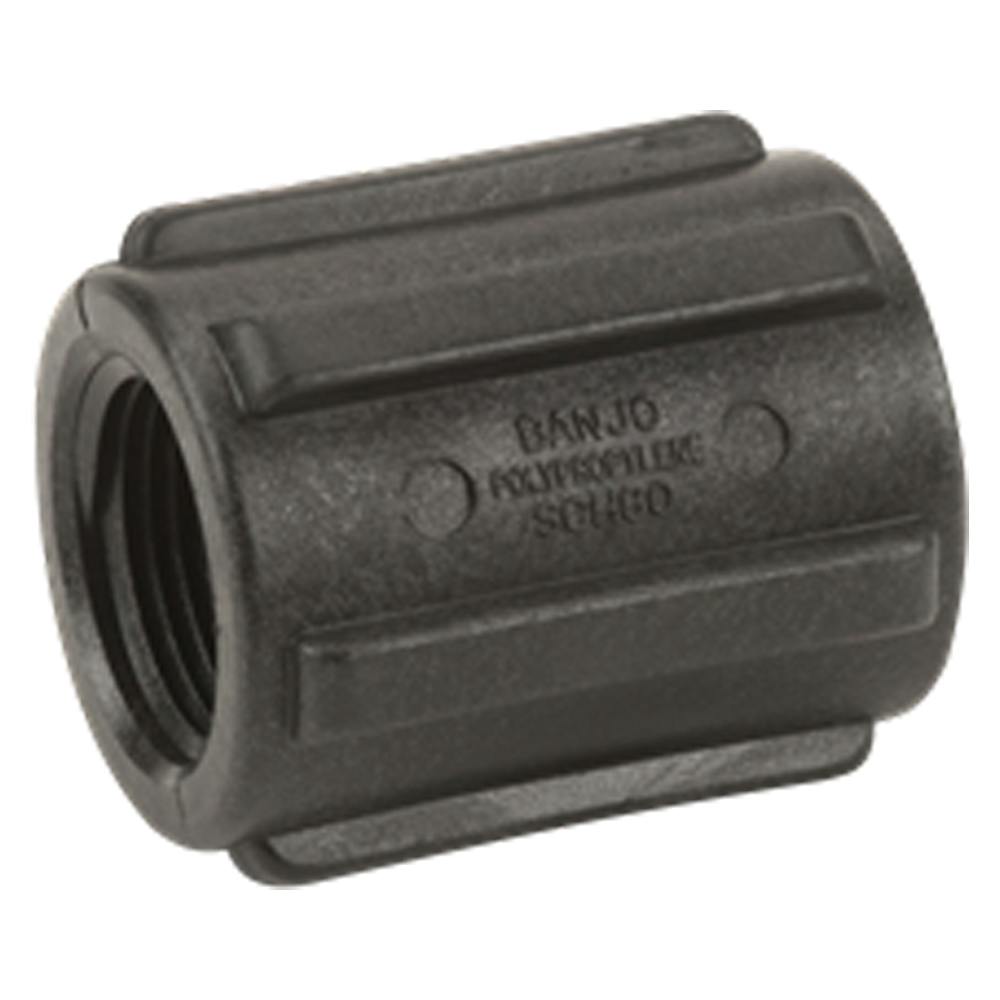 1" FNPT x 3/4" FNPT Banjo® Black Fiberglass-Reinforced Polypropylene Pipe Reducing Coupling