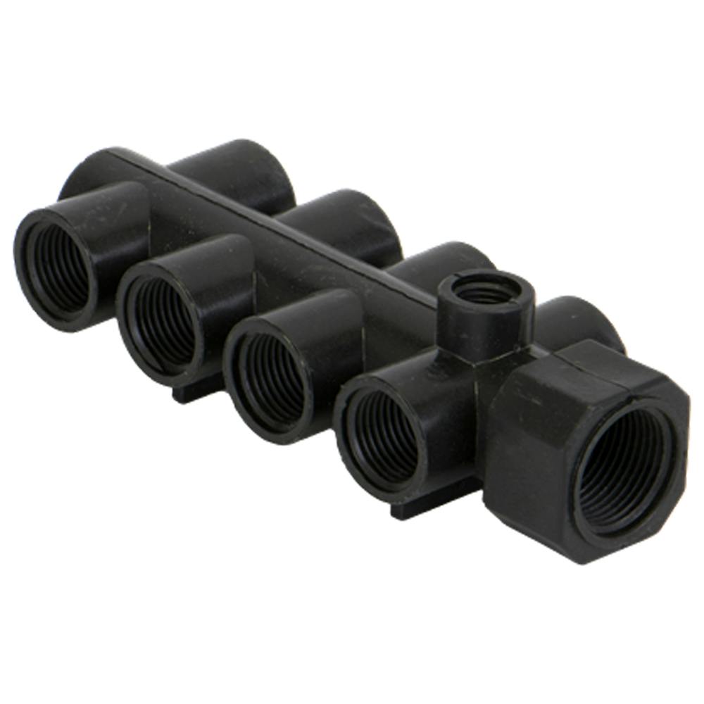 3/4" FNPT Inlet x (8) 1/2" FNPT Outlets Banjo® Black Fiberglass-Reinforced Polypropylene 8-Station Manifold with 1/4" FNPT Gauge Port