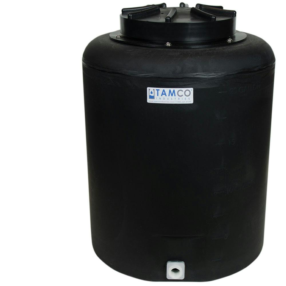 20 Gallon Tamco® Vertical Black PE Tank with 12-1/2" Lid & 3/4" Fitting - 19" Dia. x 23" Hgt.