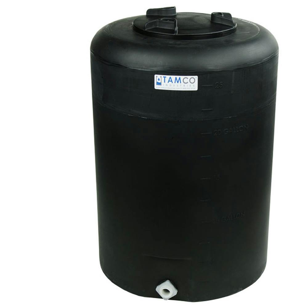 25 Gallon Tamco® Vertical Black PE Tank with 8" Lid & 3/4" Fitting - 19" Dia. x 27" Hgt.