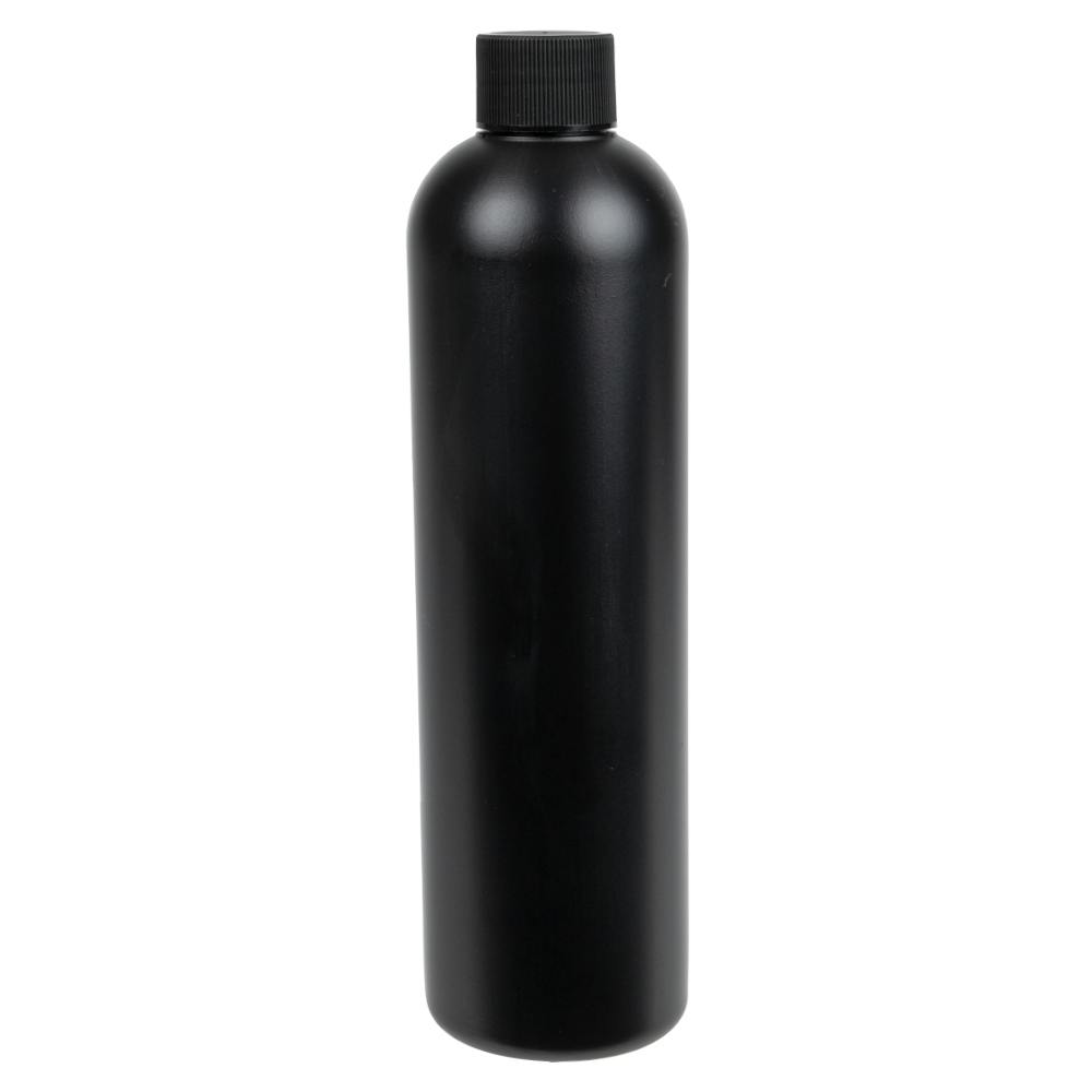 12 oz. Black HDPE Cosmo Bottle with 24/410 Black Ribbed Cap with F217 Liner