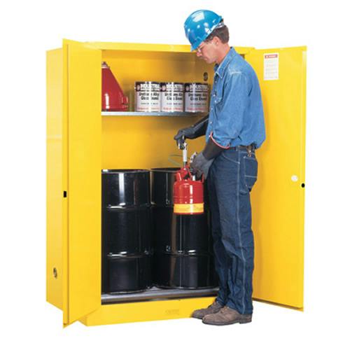 60 Gallon Manual-Close Justrite® Sure-Grip® EX Vertical Drum Cabinet with Roller Assembly