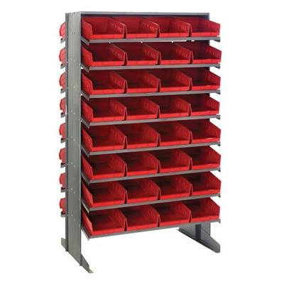 Economy Double-Sided Sloped Shelving System with 64 Red Bins