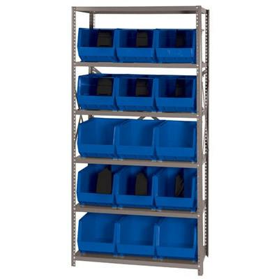 18" W x 36" L x 75" Hgt. Storage Unit w/6 Shelves & 15 Blue Bins 18" L x 11" W x 10" Hgt.