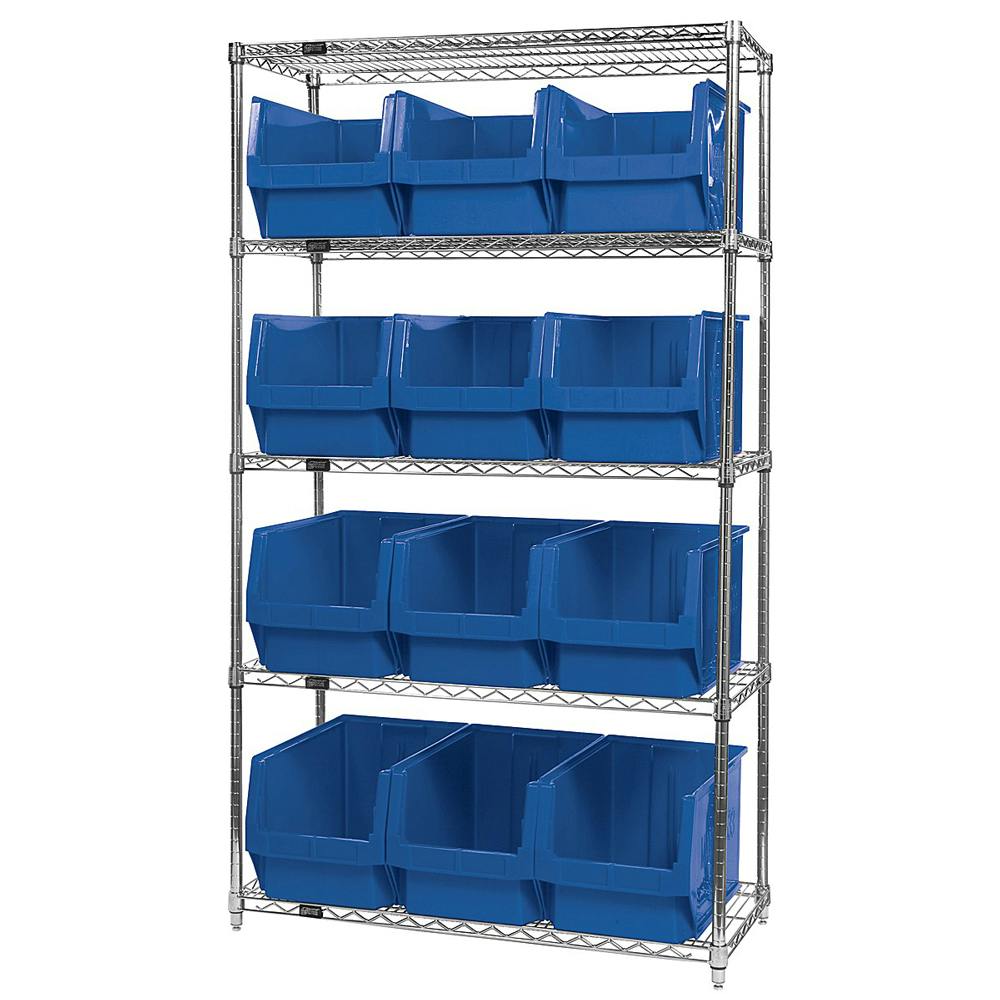 Bin System with 5 Shelves & 12 Blue Bins 19-3/4" L x 12-3/8" W x 11-7/8" Hgt.