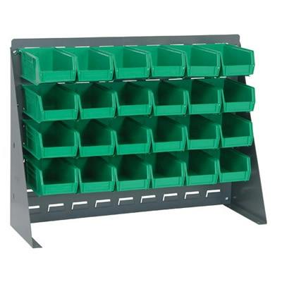 27" L x 8" W x 21" Hgt. Bench Rack with 24 - 5-3/8" L x 4-1/8" W x 3" Hgt. Green Bins