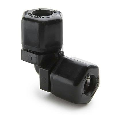 3/8" Nom. Tube OD x 5/16" Nom. Tube OD Parker Union Reducer Elbow Black Polypropylene Fitting