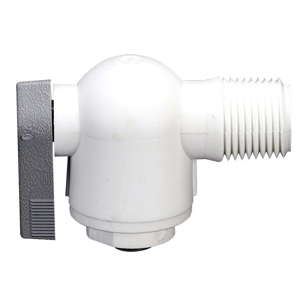 1/4" OD Push-to-Connect x 3/8" MNPTF White Polypropylene LIQUIfit® Male Elbow Two-Way Ball Valve