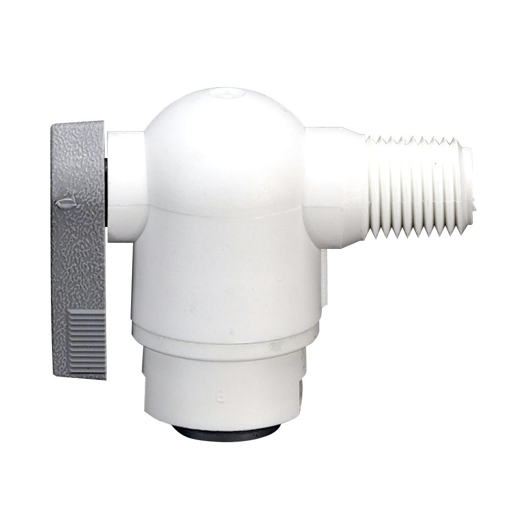 3/8" OD Push-to-Connect x 1/4" MNPTF White Polypropylene LIQUIfit® Male Elbow Two-Way Ball Valve
