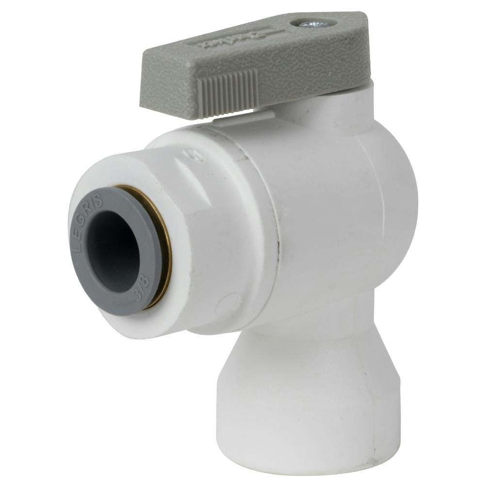 3/8" OD Push-to-Connect x 3/8" FNPTF White Polypropylene LIQUIfit® Female Elbow Two-Way Ball Valve