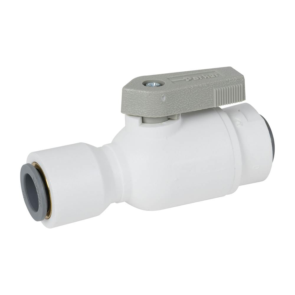 1/4" OD Push-to-Connect x 3/8" OD Push-to-Connect White Polypropylene LIQUIfit® Union Two-Way Ball Valve