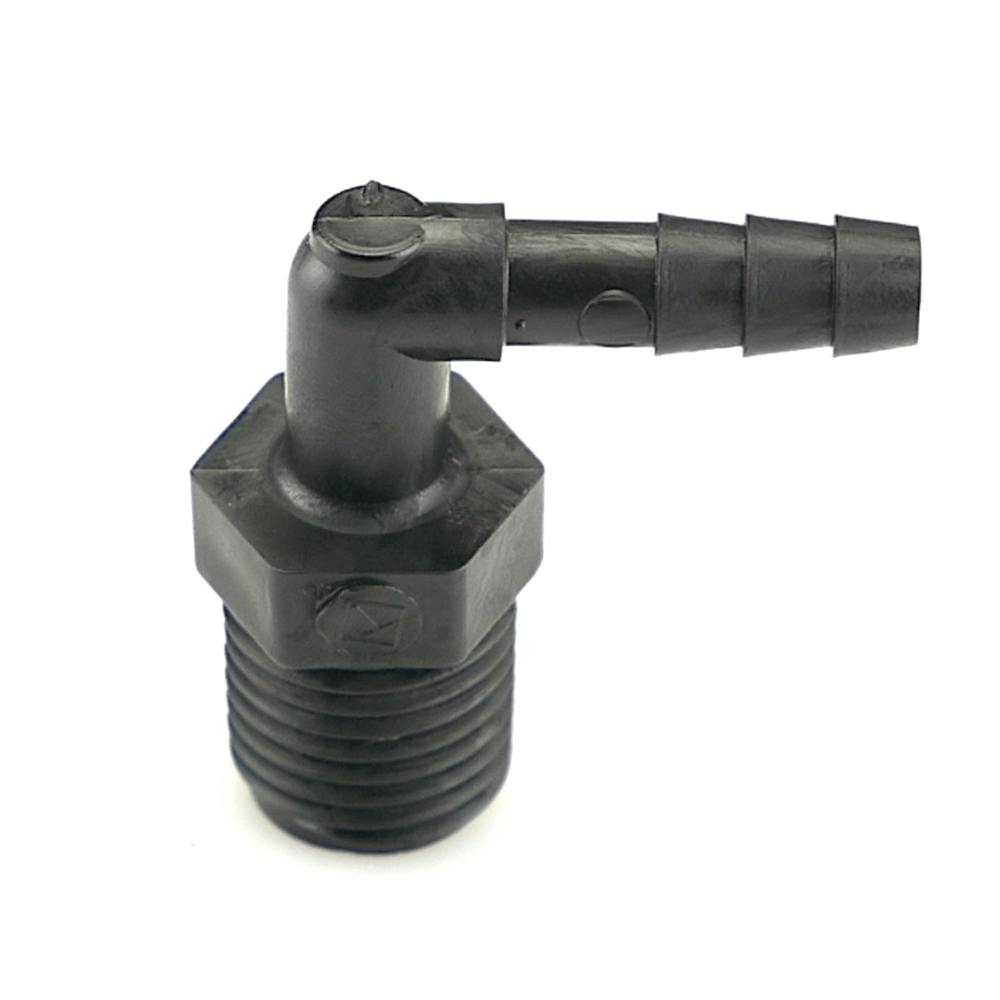 1/4" NPT x 3/16" Hose ID Black HDPE Elbow