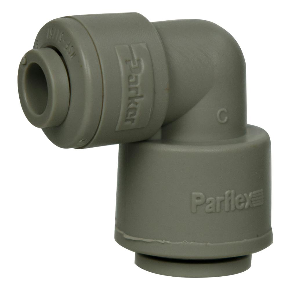 3/8" OD Push-to-Connect x 1/4" OD Push-to-Connect Gray Acetal TrueSeal™ 90° Union Elbow