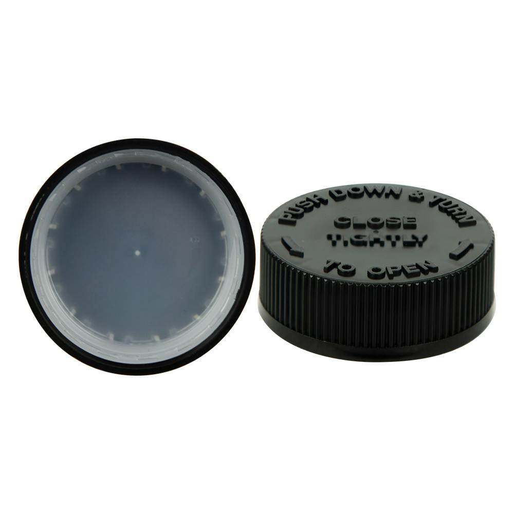 38/400 Black Polypropylene Unlined Child-Resistant Cap (CRC) with Modified Buttress Thread