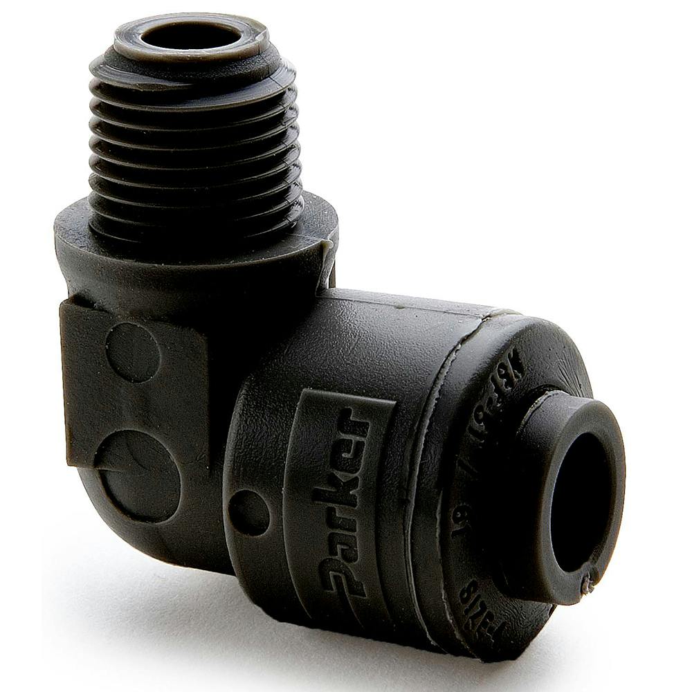 3/8" OD Push-to-Connect x 3/8" MNPTF Black Kynar® PVDF TrueSeal™ 90° Male Elbow