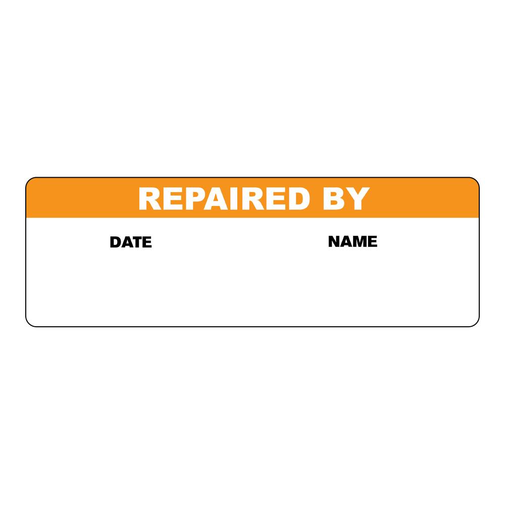 "Repaired By" with "Date" & "Name" Blocks Rectangular Water-Resistant Polypropylene Write-On Label with Orange Header - 3" x 1"