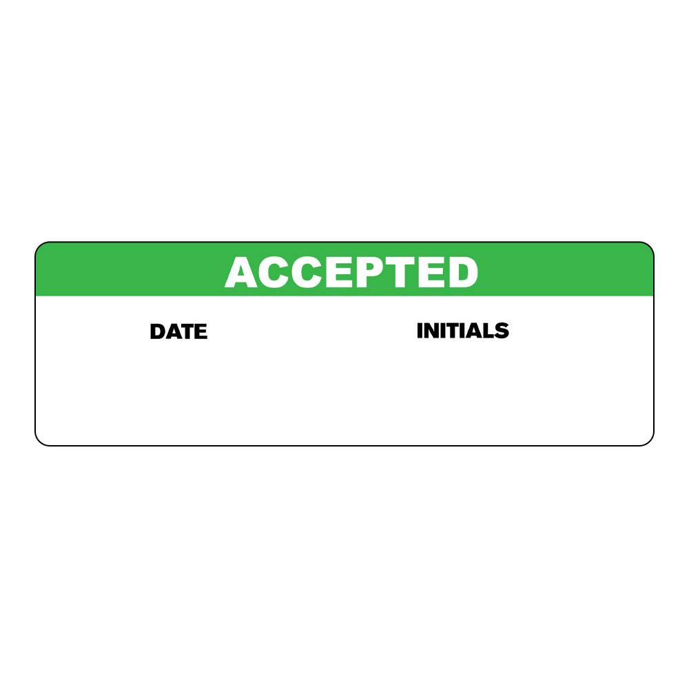 "Accepted" with "Date" & "Initials" Blocks Rectangular Water-Resistant Polypropylene Write-On Label with Green Header - 3" x 1"