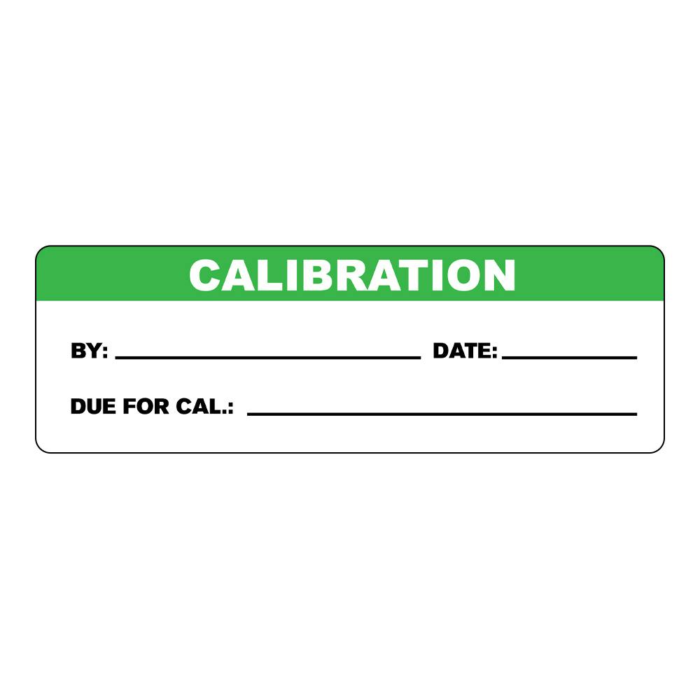 "Calibration" with "By __," "Date __" & "Due for Cal __" Rectangular Water-Resistant Polypropylene Write-On Label with Green Header - 3" x 1"