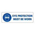 "Eye Protection Must Be Worn" Rectangular Water-Resistant Polypropylene Label with Symbol & Blue Font - 3" x 1"