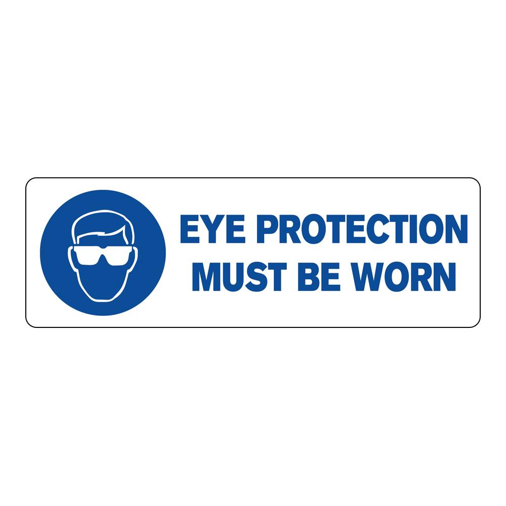 "Eye Protection Must Be Worn" Rectangular Water-Resistant Polypropylene Label with Symbol & Blue Font - 3" x 1"