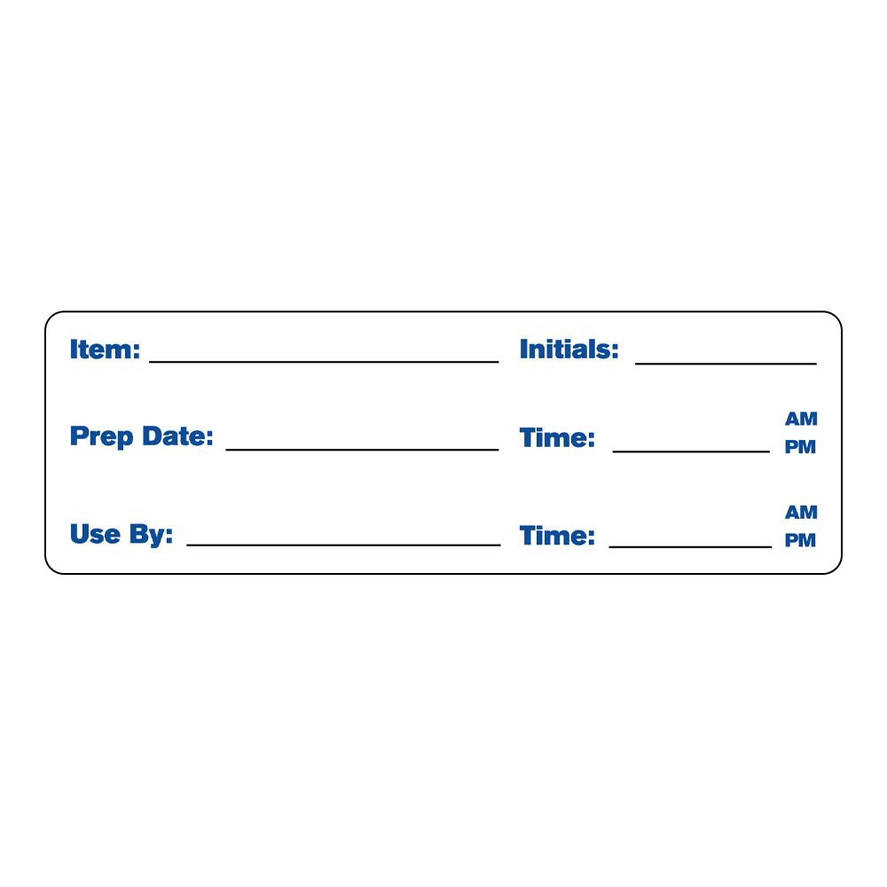 Food Preparation Information with "Item __," "Initals __," "Prep Date __," "Use By __" & "Times __" Rectangular Water-Resistant Polypropylene Write-On Label with Blue Font - 3" x 1"