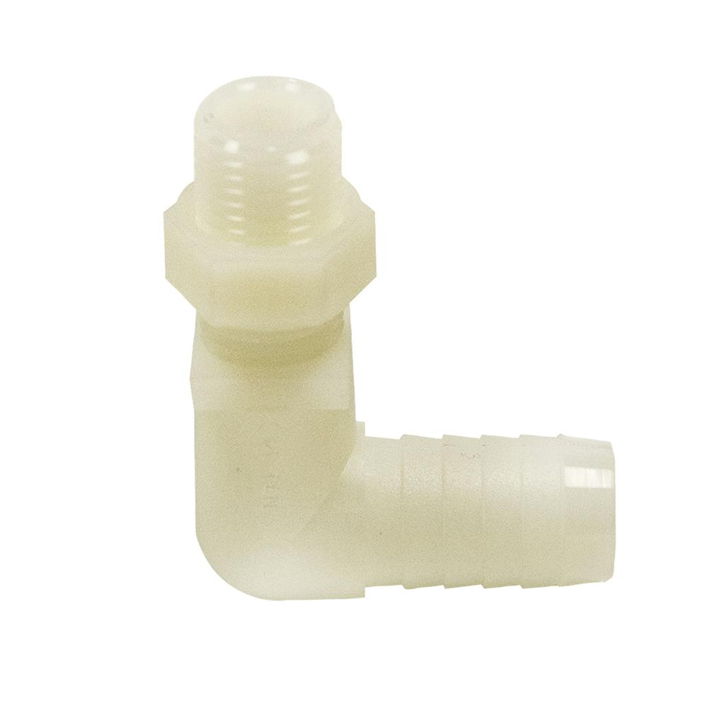 3/8" Hose Barb x 11/16" UN Nylon Elbow with Hex Lock Nut