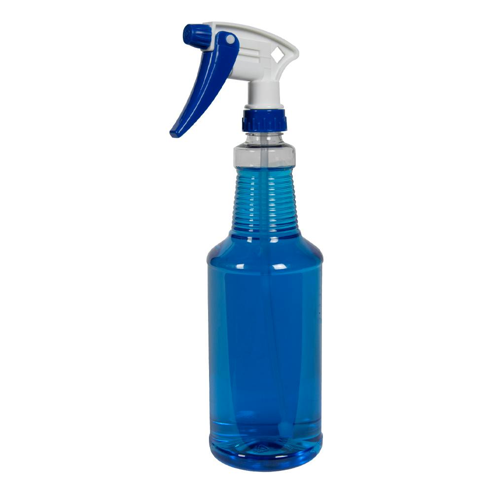 32 oz. Clear PET Spray Bottle with Blue & White Sprayer