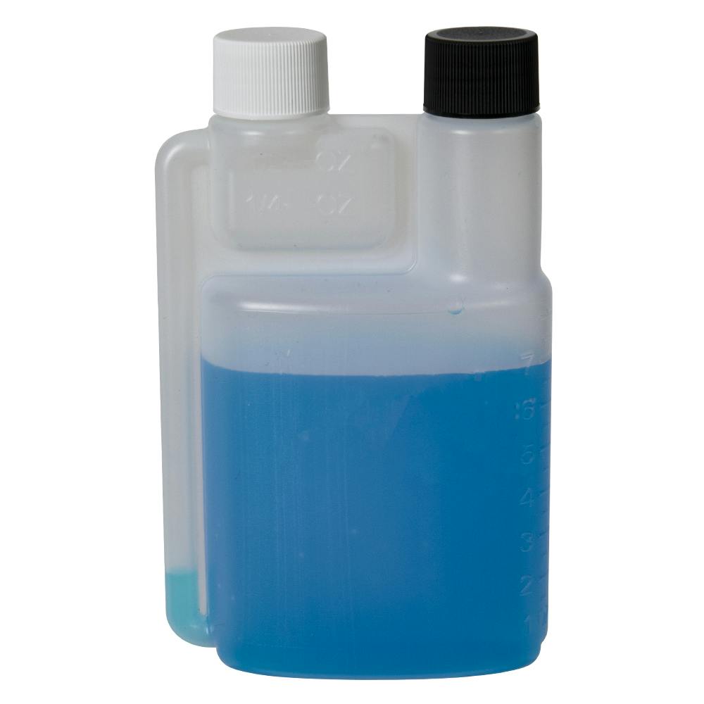 8 oz. Natural HDPE Bettix Bottle with 1/4 & 1/2 oz. Dispensing Chambers & (1 each) 24/410 Black & White Ribbed Caps with F217 Liner