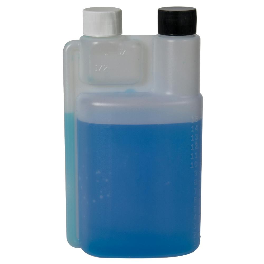 16 oz. Natural HDPE Bettix Bottle with 1/2 & 1 oz. Dispensing Chambers & (1 each) 28/410 Black & White Ribbed Caps with F217 Liner