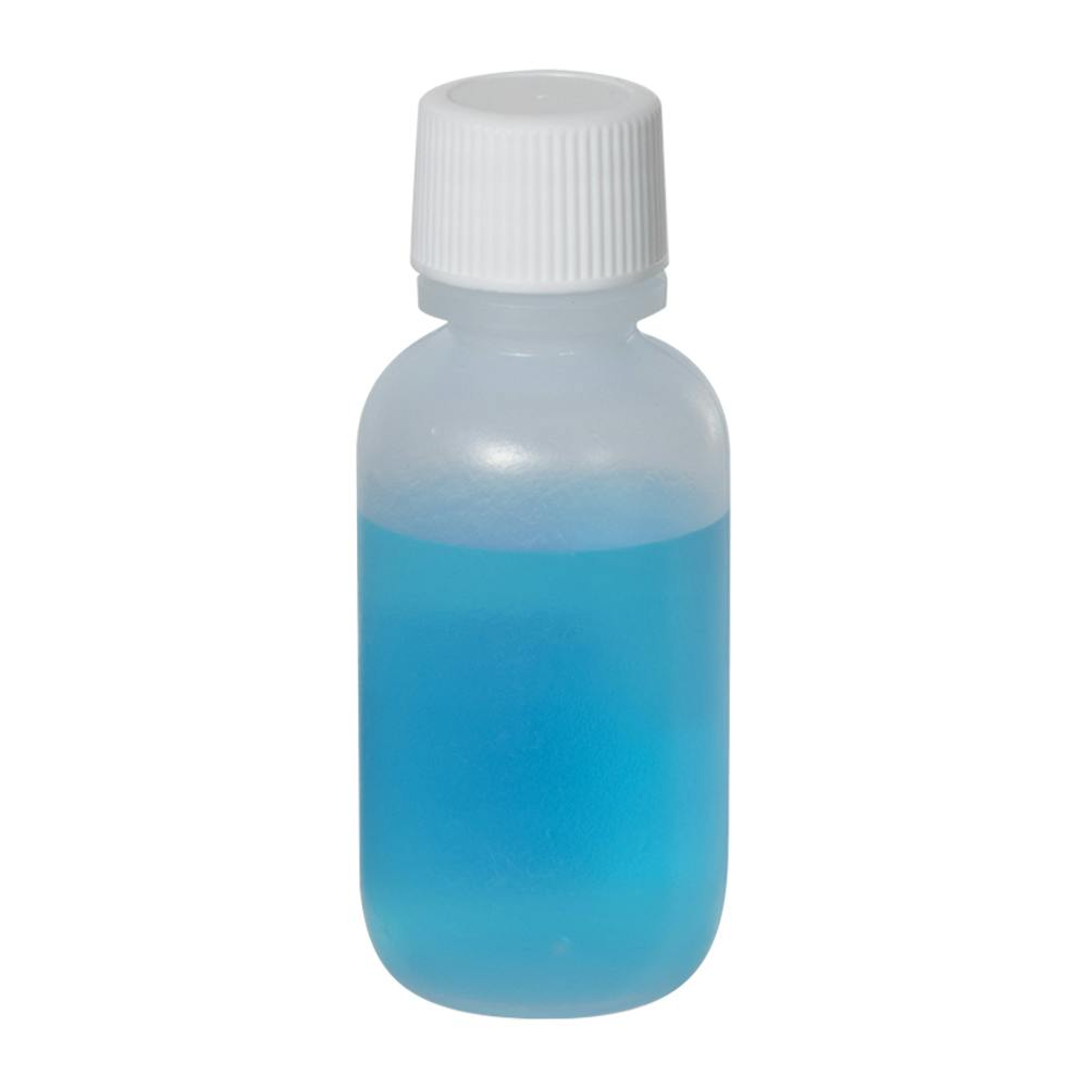 1 oz. Natural LDPE Boston Round Bottle with 18/410 White Ribbed Cap with F217 Liner