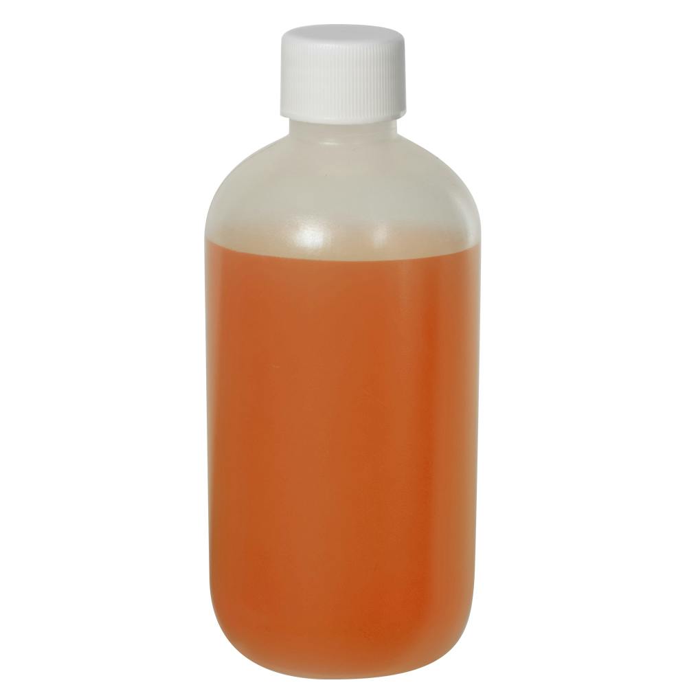 8 oz. Natural LDPE Boston Round Bottle with 24/410 White Ribbed Cap with F217 Liner