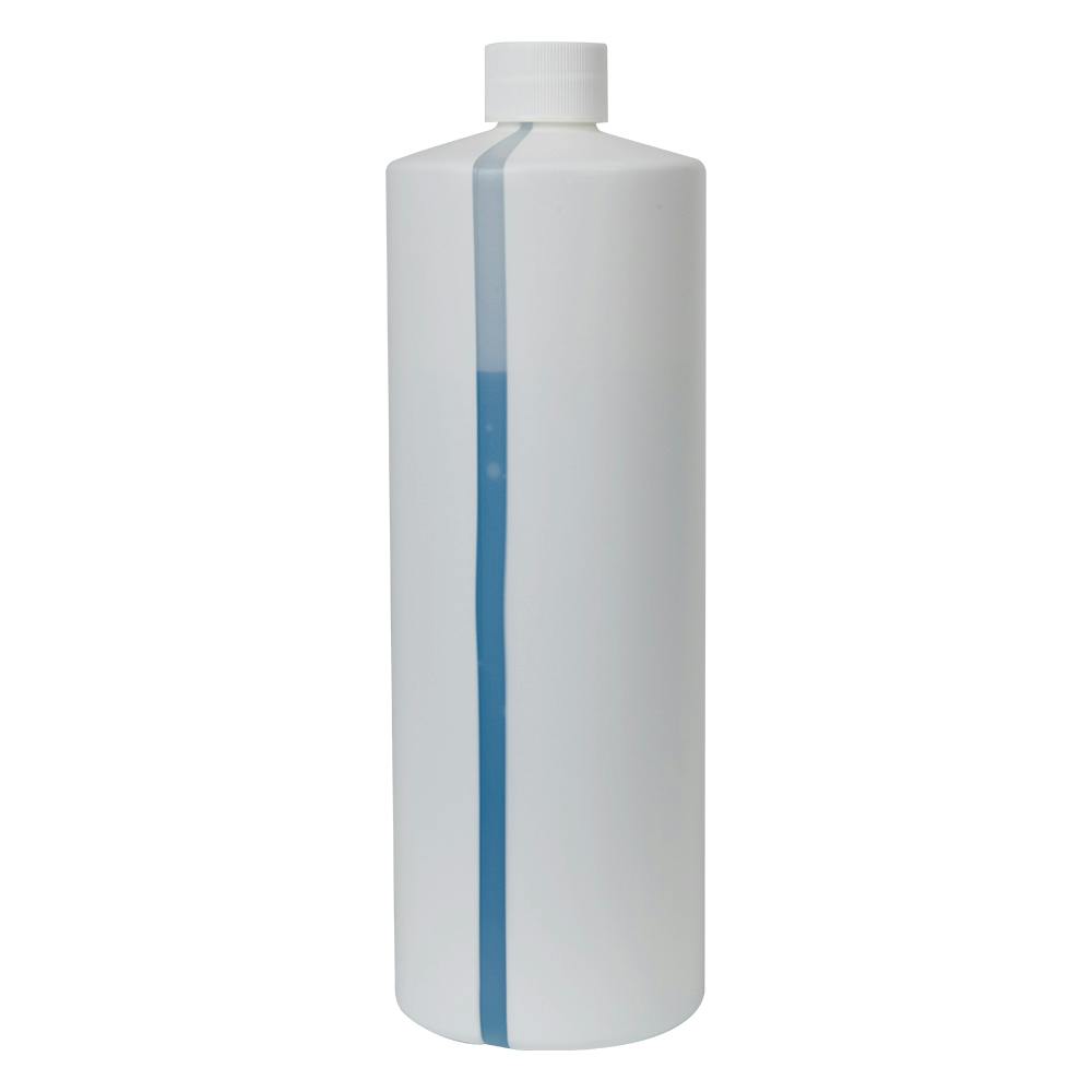 32 oz. White HDPE Cylindrical Easy-View Stripe Bottle with 28/410 White Ribbed Cap with F217 Liner